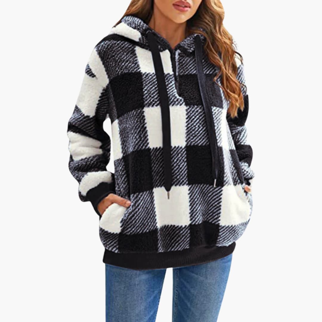 Damen Kapuzen pullover mit Karo-Muster Kängurutasche - Image 5
