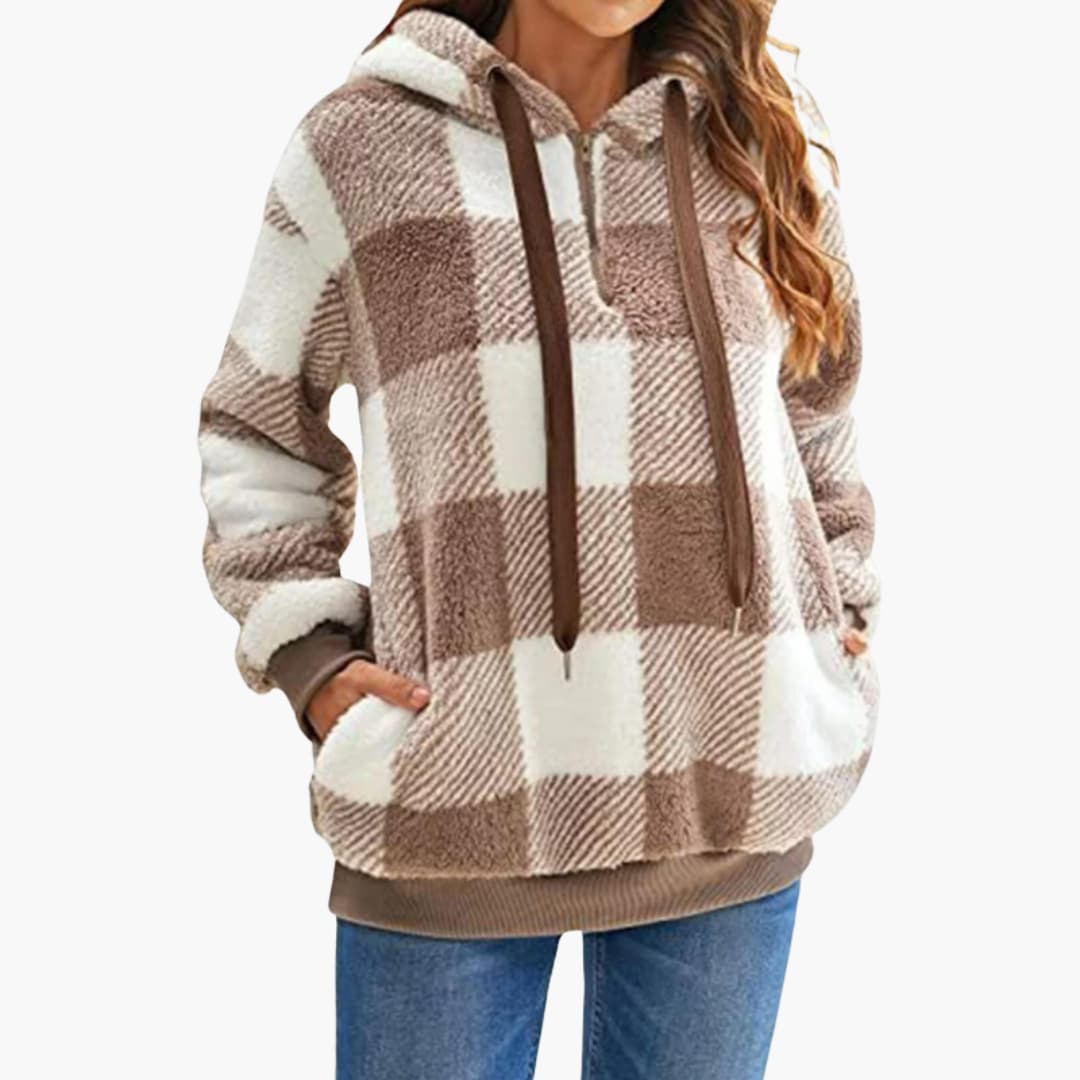Damen Kapuzen pullover mit Karo-Muster Kängurutasche - Image 7