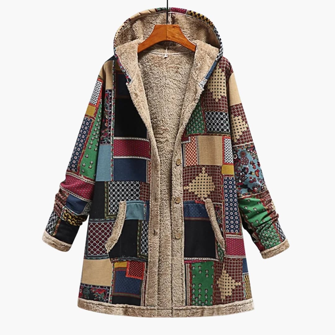 Damen Kapuzenjacke mit Knöpfen und Patchwork-Oberfläche - Image 3