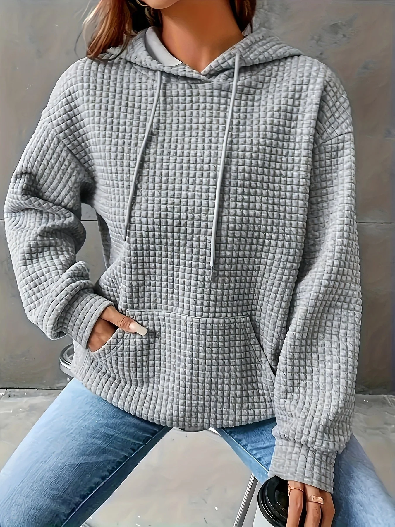 Damen Kapuzenpullover im strukturierten Waffelmuster mit seitlichen Eingrifftaschen - Image 11