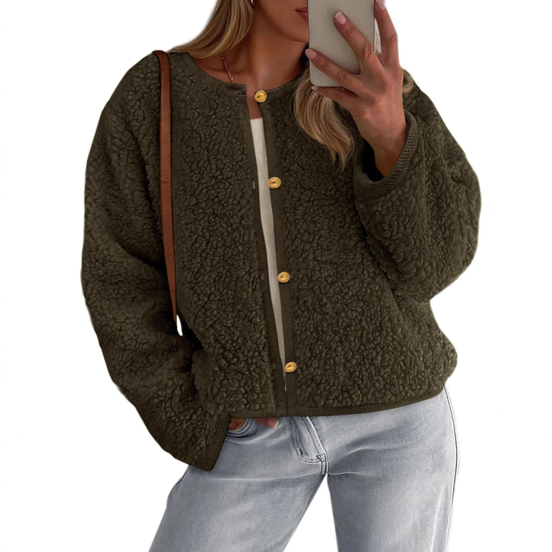 Damen Kuschelige Fleecejacke mit Knopfdetail und Oversized-Schnitt - Image 3