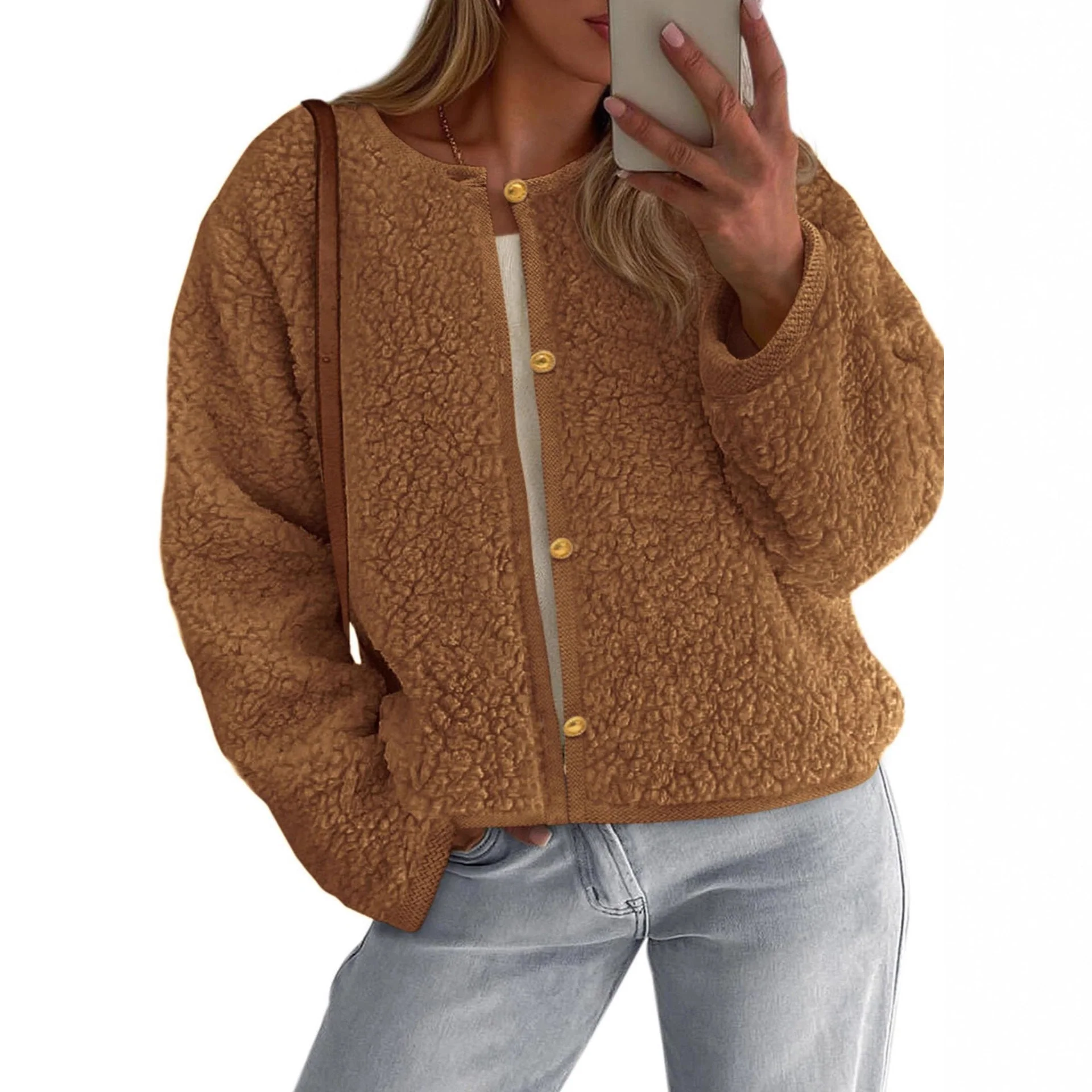Damen Kuschelige Fleecejacke mit Knopfdetail und Oversized-Schnitt - Image 4