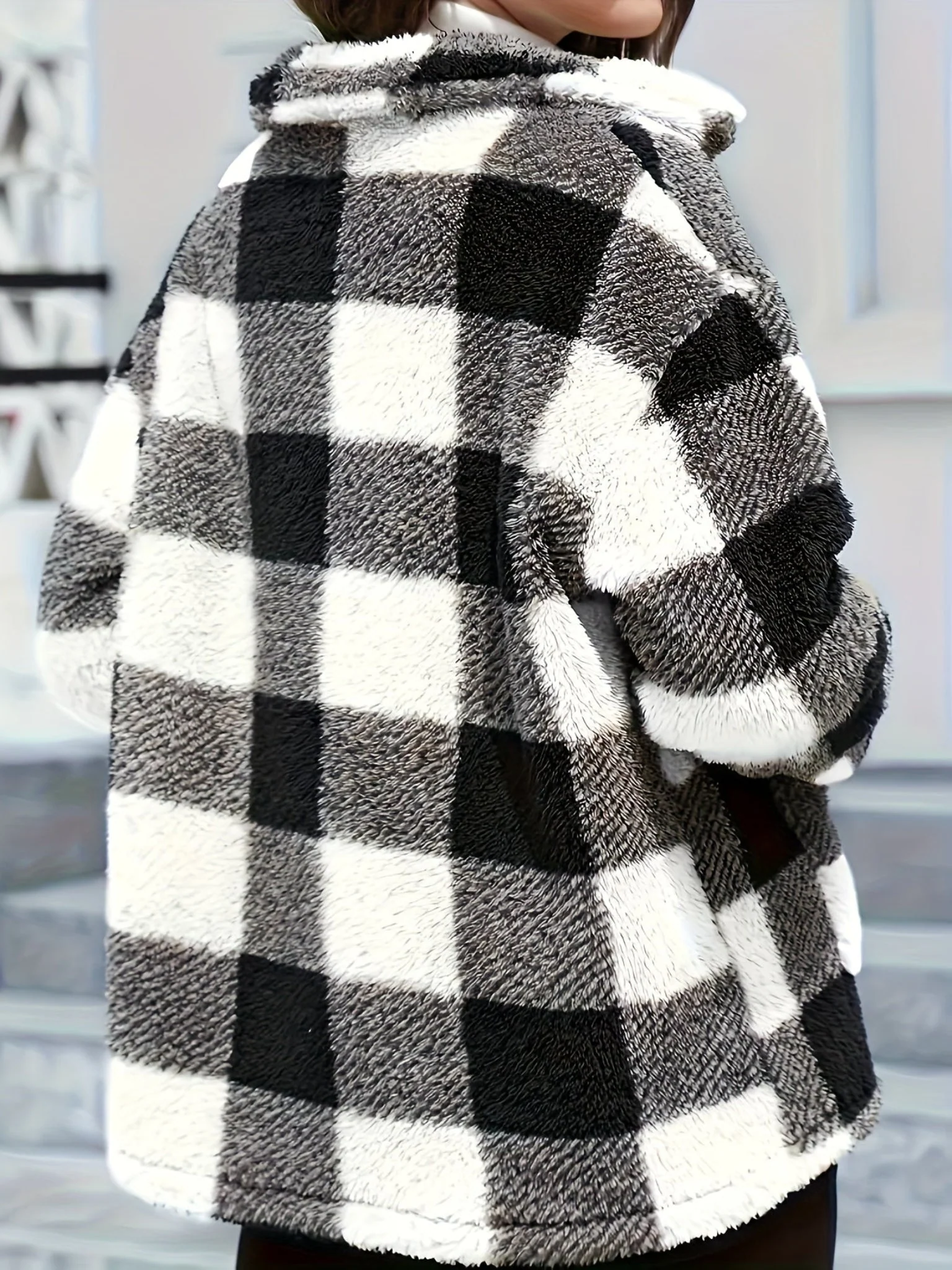 Damen Kuscheljacke Kariert | Knopfverschluss mit Kragen - Image 2