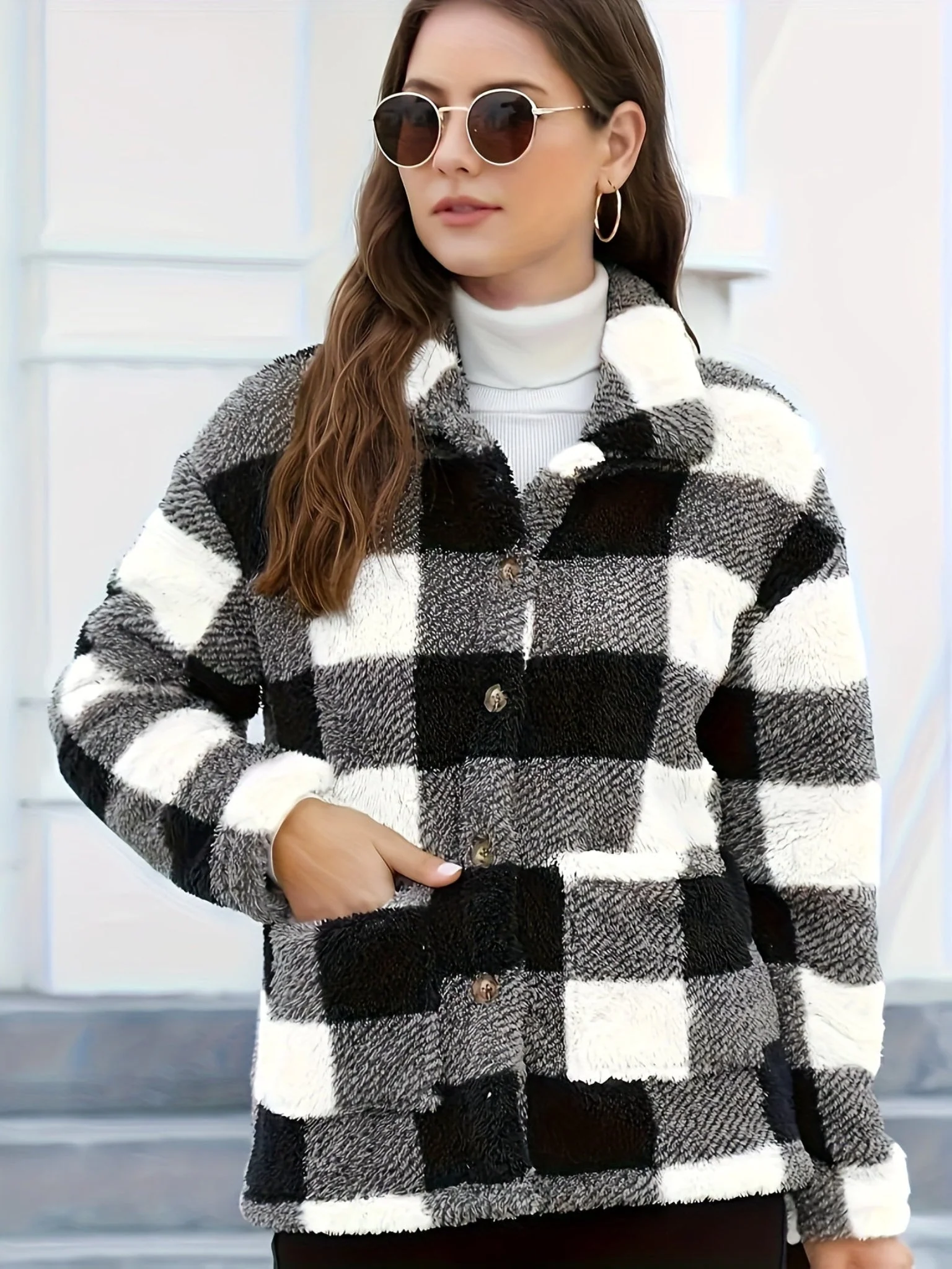 Damen Kuscheljacke Kariert | Knopfverschluss mit Kragen - Image 4