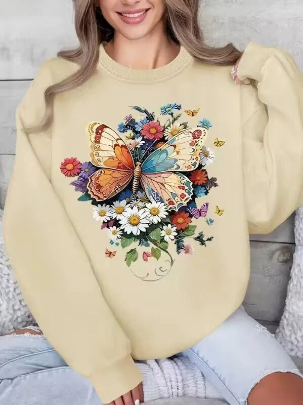 Damen Langarm Sweatshirt mit floralem Schmetterlingsdruck - Image 10