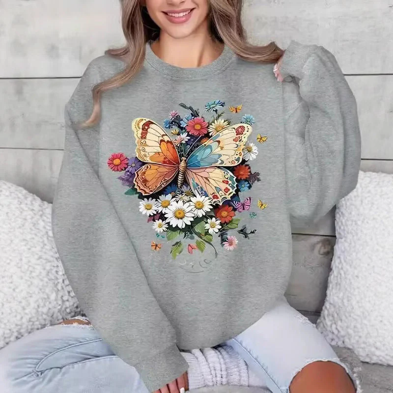 Damen Langarm Sweatshirt mit floralem Schmetterlingsdruck - Image 2
