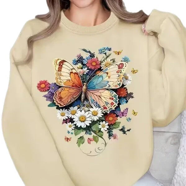 Damen Langarm Sweatshirt mit floralem Schmetterlingsdruck - Image 4