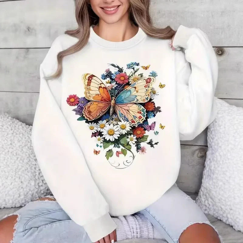 Damen Langarm Sweatshirt mit floralem Schmetterlingsdruck - Image 5