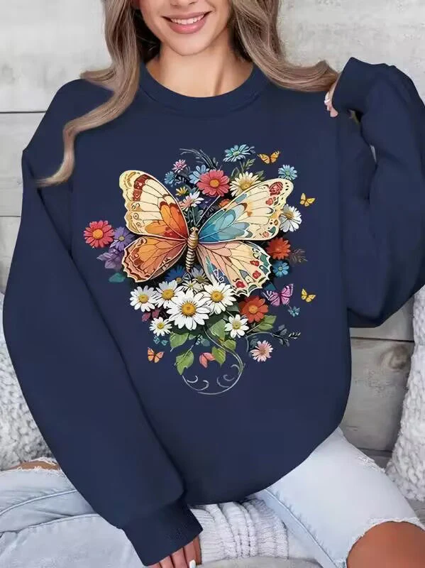 Damen Langarm Sweatshirt mit floralem Schmetterlingsdruck - Image 7
