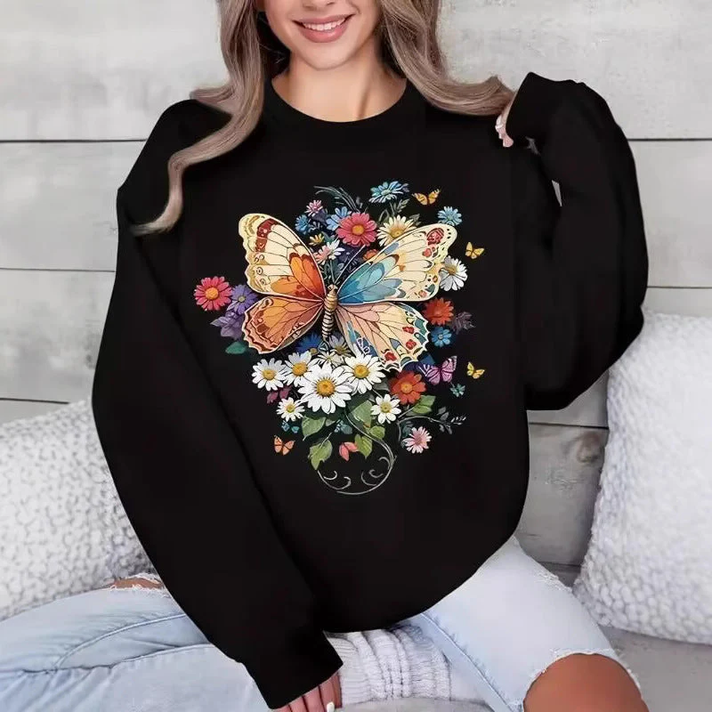 Damen Langarm Sweatshirt mit floralem Schmetterlingsdruck - Image 9