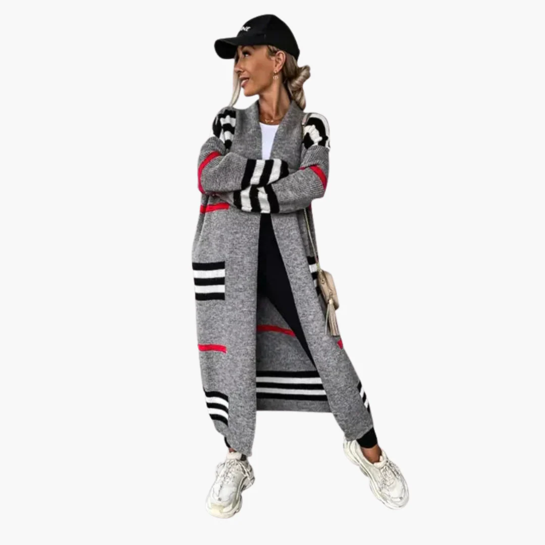 Damen Langer Strickjacke mit Streifen - Image 2
