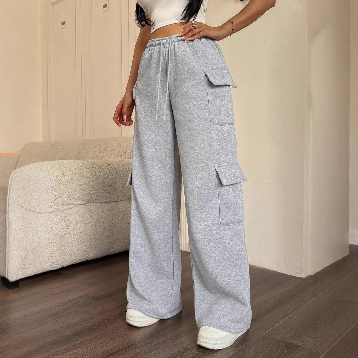 Damen lässige Cargo-Hose mit weitem Bein und praktischen Taschen - Image 3