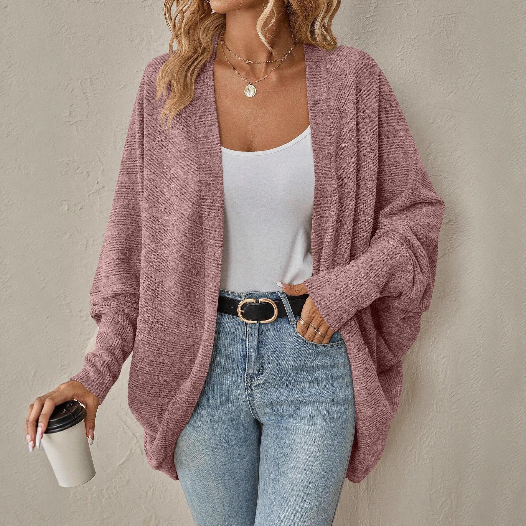 Damen lässige Strickjacke mit angeschnittenen Ärmeln und lockerer Passform
