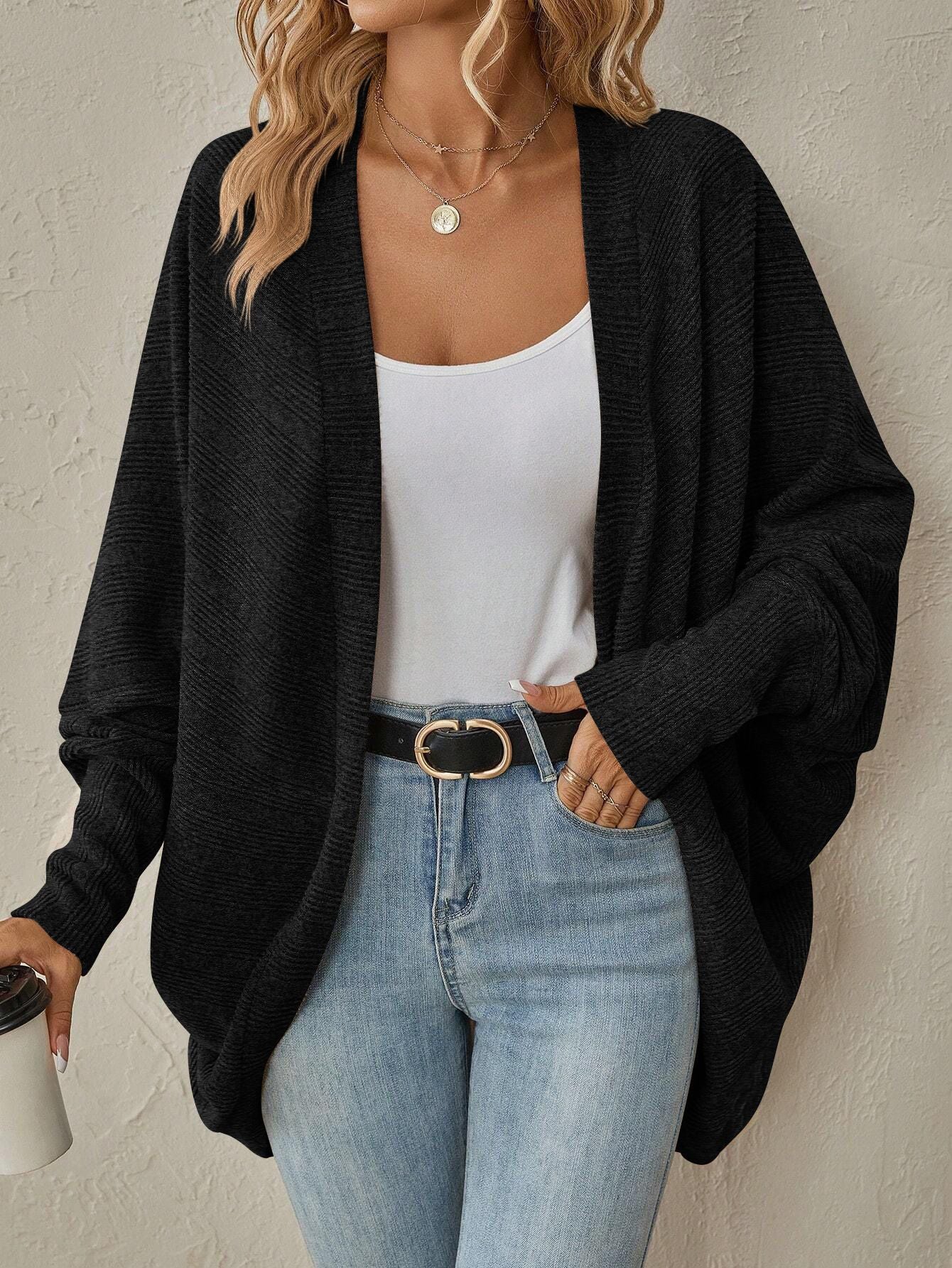 Damen lässige Strickjacke mit angeschnittenen Ärmeln und lockerer Passform - Image 6