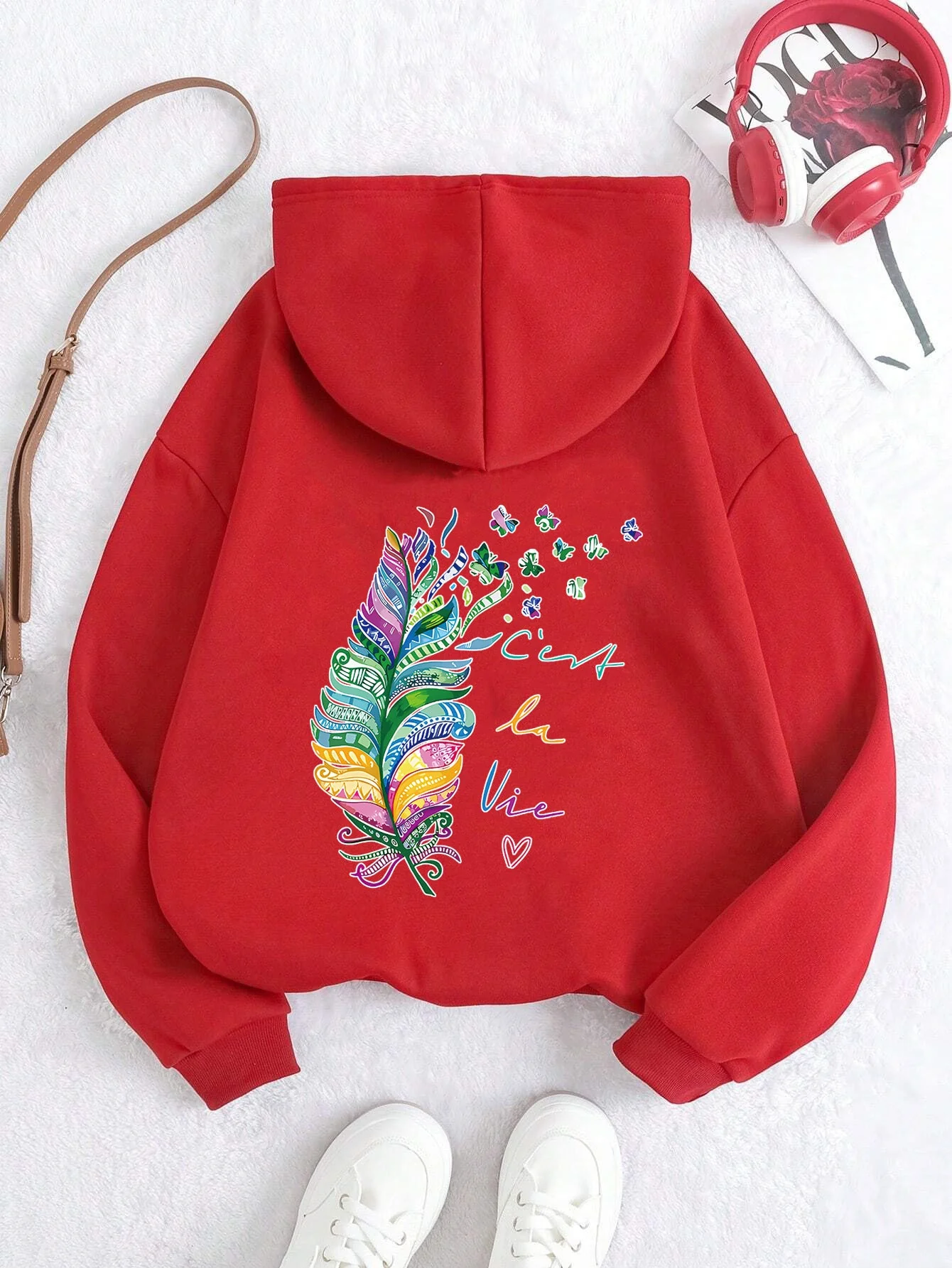 Damen lässiger Kapuzenpullover mit buntem Federdesign und inspirierendem Schriftzug - Image 6