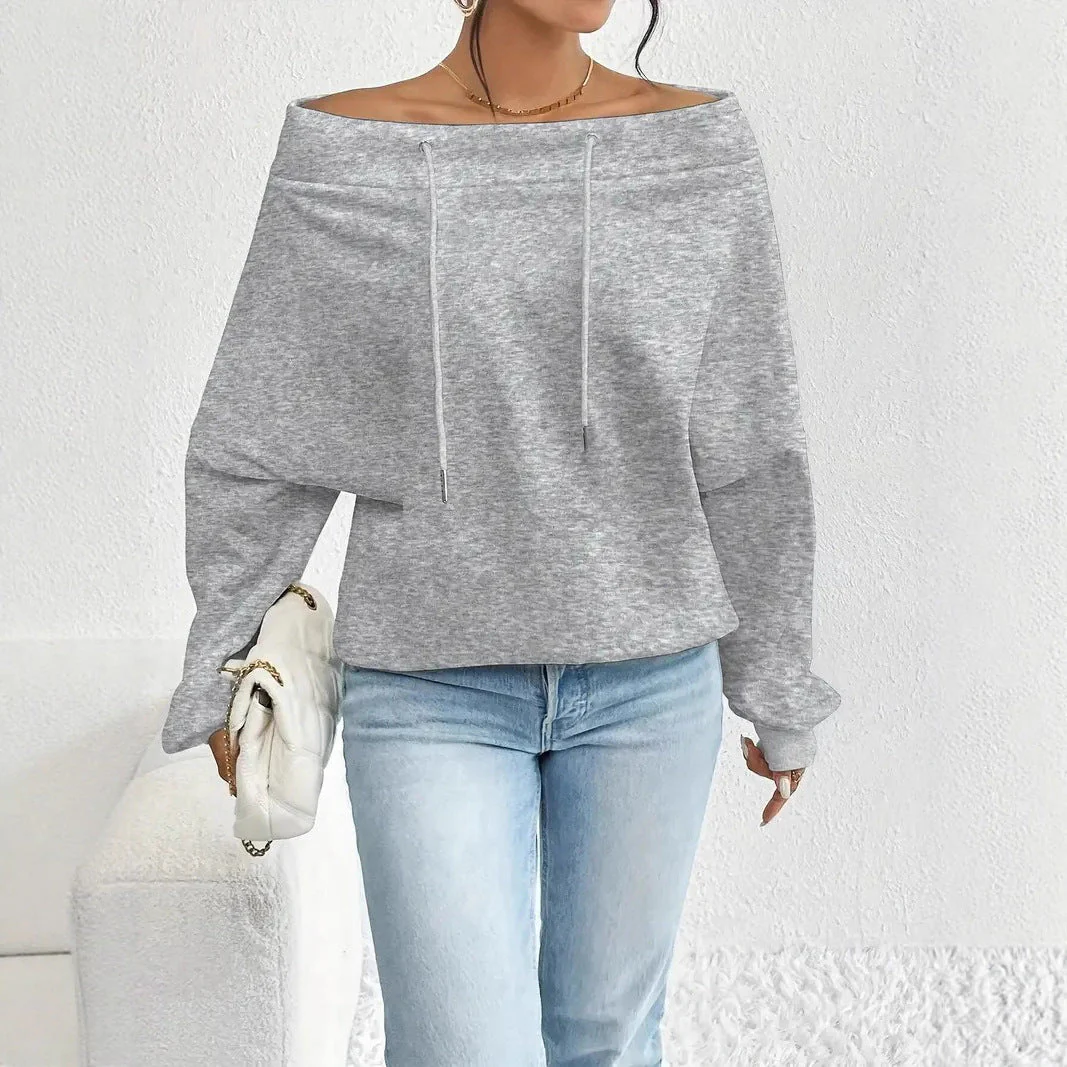 Damen lässiger Oversized-Pullover mit offenem Kragen und praktischen Kordelzügen - Image 2