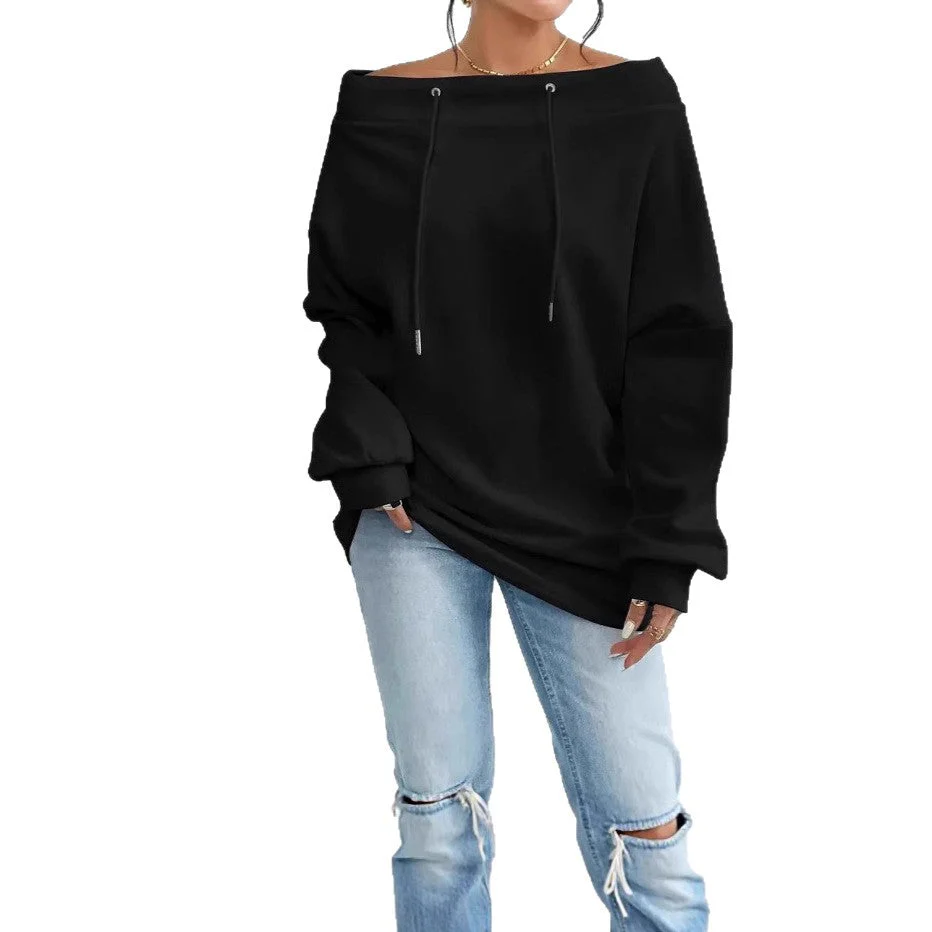 Damen lässiger Oversized-Pullover mit offenem Kragen und praktischen Kordelzügen - Image 4