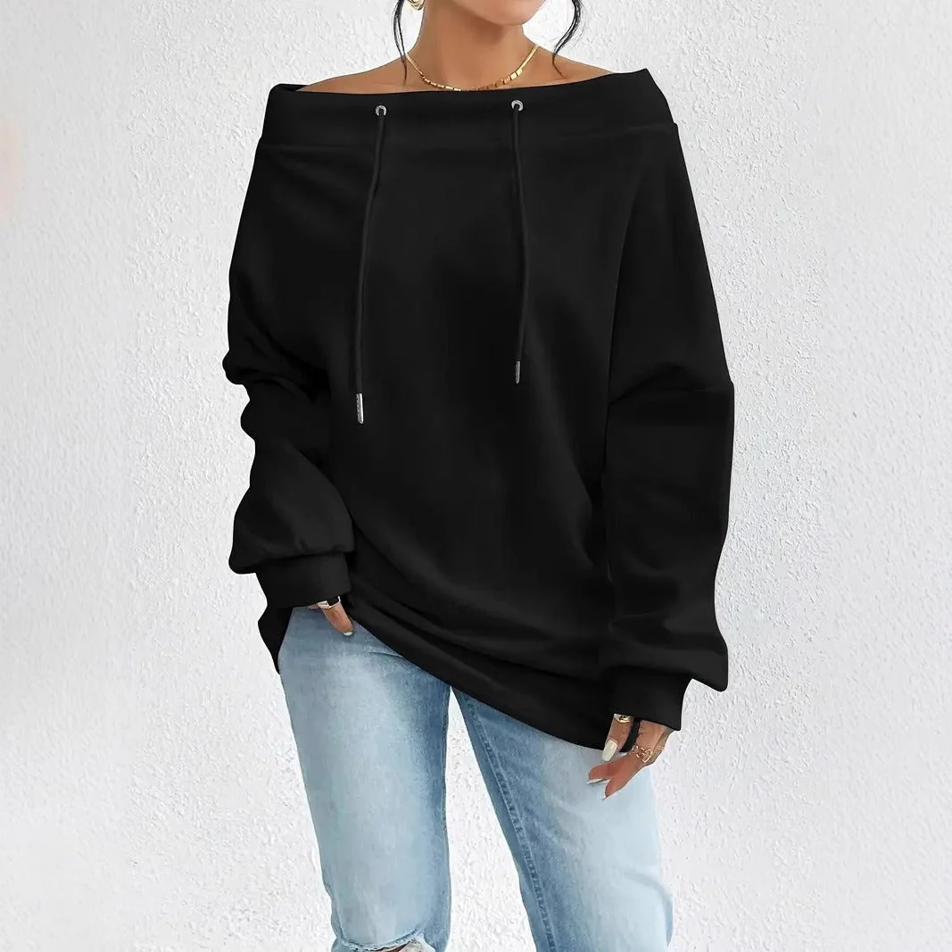 Damen lässiger Oversized-Pullover mit offenem Kragen und praktischen Kordelzügen - Image 5