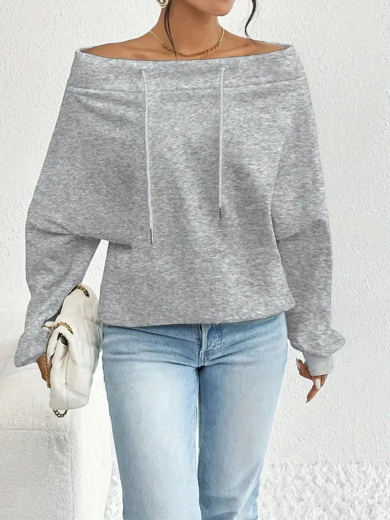 Damen lässiger Oversized-Pullover mit offenem Kragen und praktischen Kordelzügen - Image 6