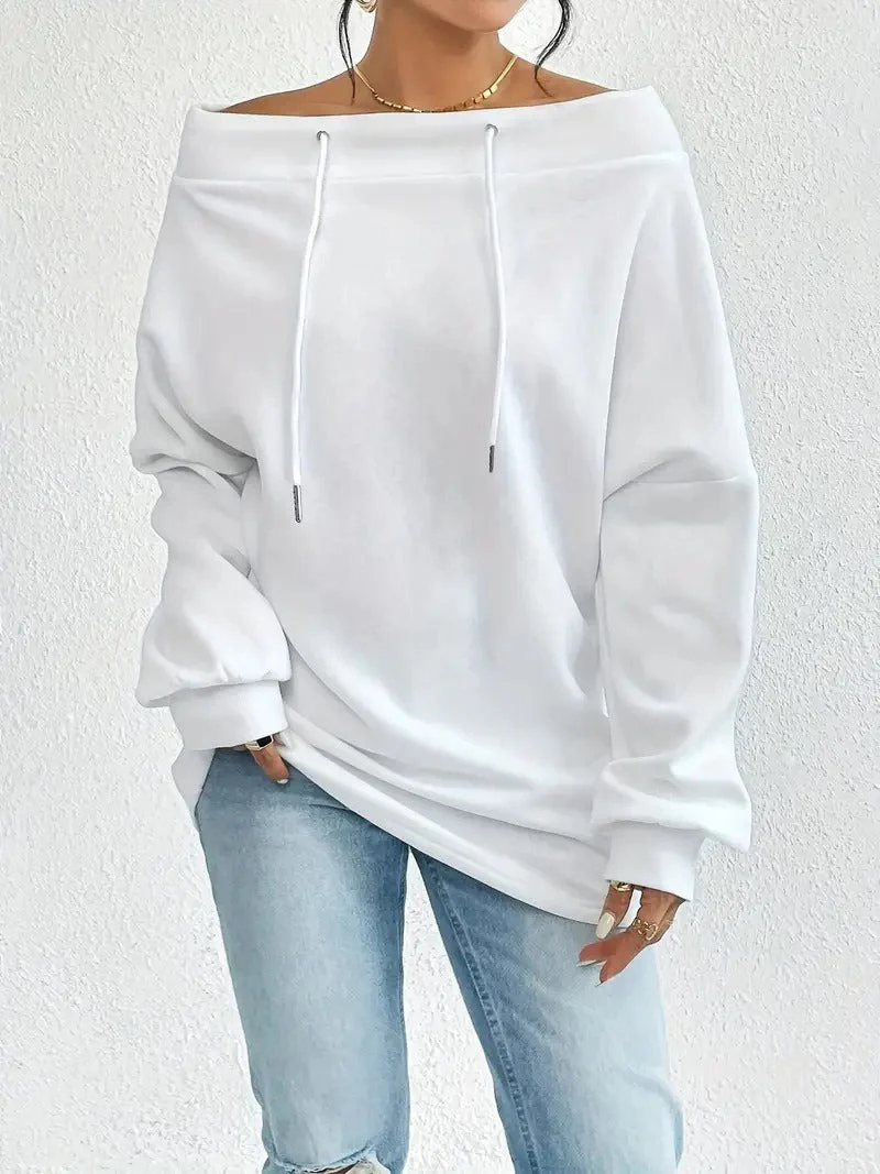 Damen lässiger Oversized-Pullover mit offenem Kragen und praktischen Kordelzügen - Image 7