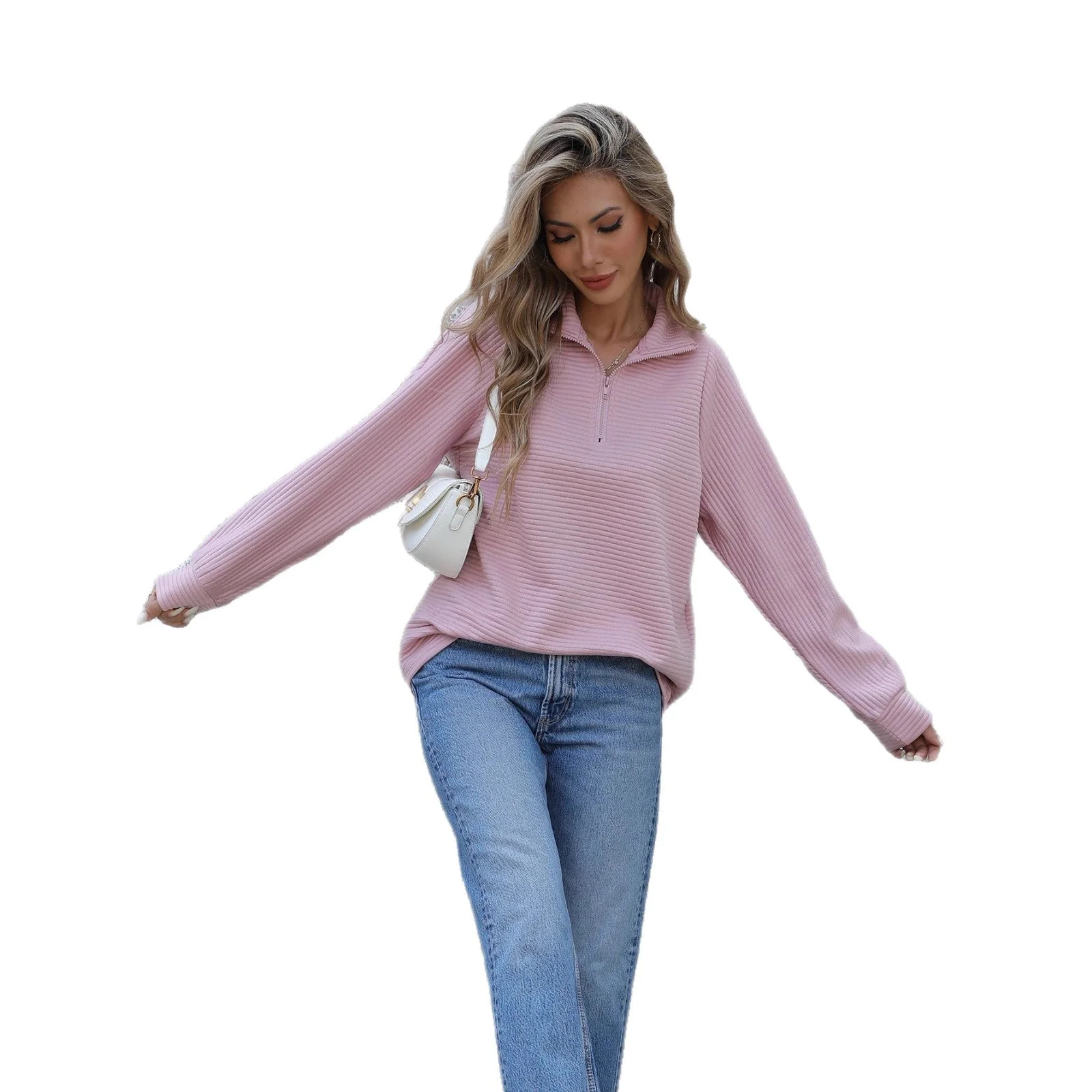 Damen lässiger Pullover mit Reißverschluss und Rippstruktur - Image 4