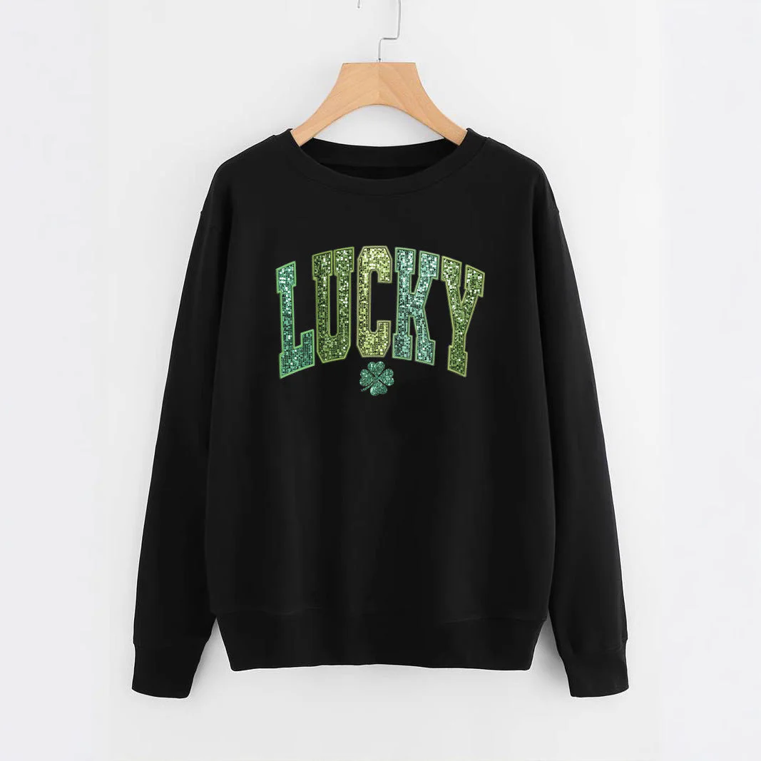 Damen lässiger Sweatshirt mit glitzerndem Schriftzug und Kleeblattmotiv