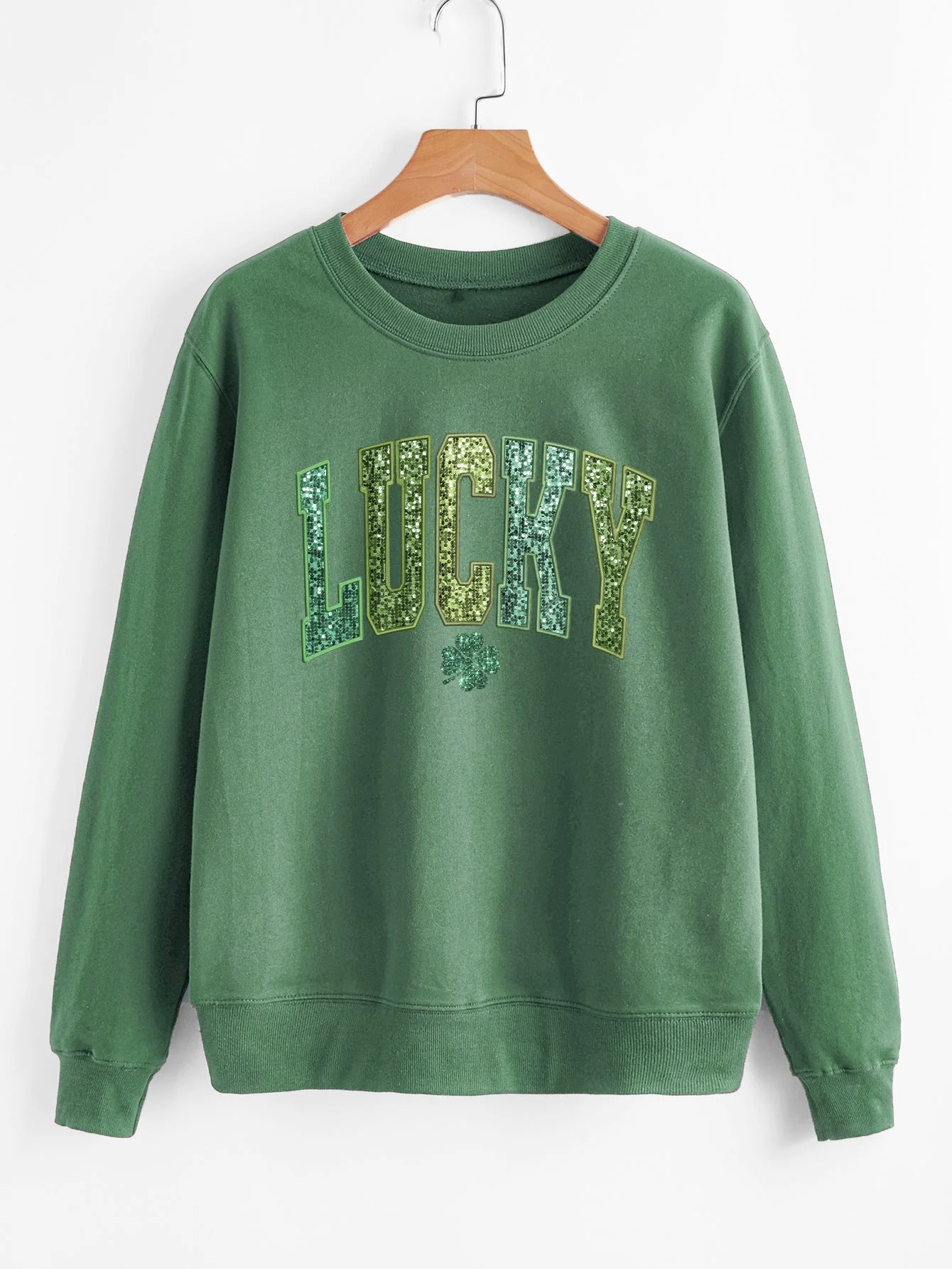 Damen lässiger Sweatshirt mit glitzerndem Schriftzug und Kleeblattmotiv - Image 10