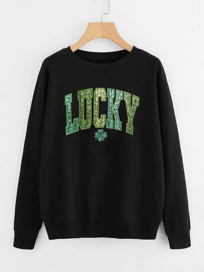 Damen lässiger Sweatshirt mit glitzerndem Schriftzug und Kleeblattmotiv - Image 11