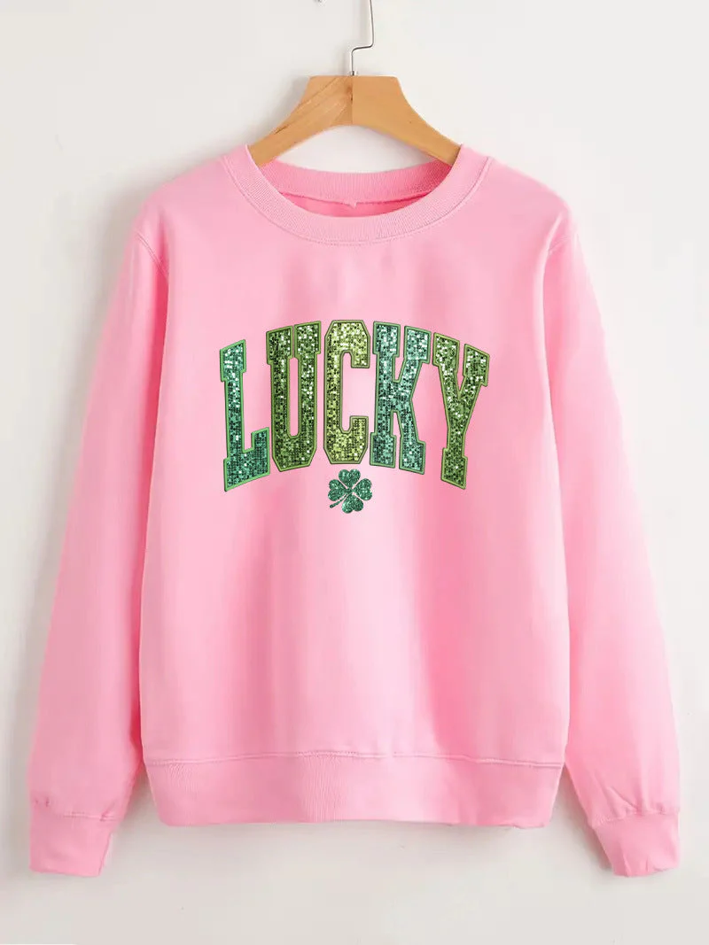 Damen lässiger Sweatshirt mit glitzerndem Schriftzug und Kleeblattmotiv - Image 12