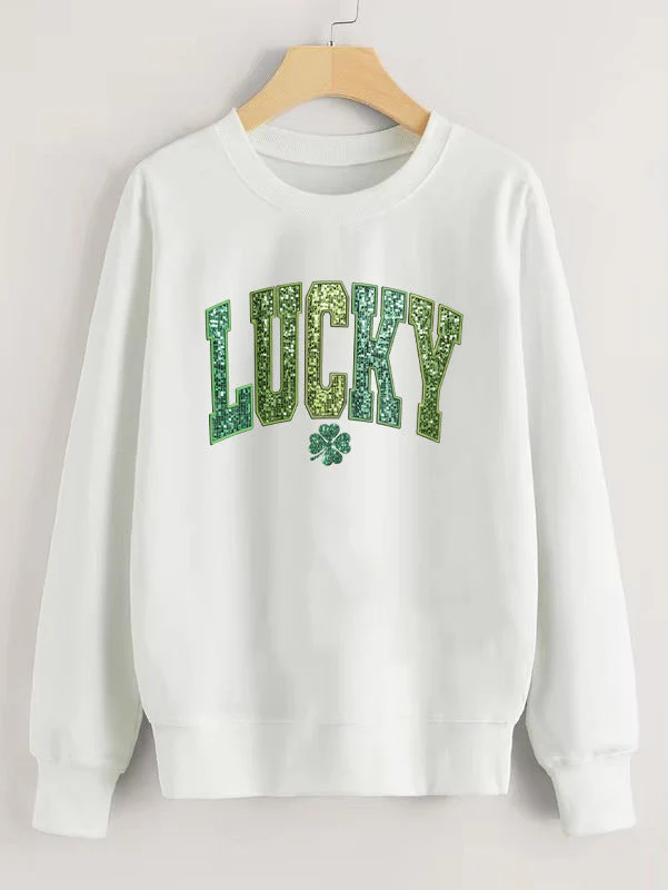 Damen lässiger Sweatshirt mit glitzerndem Schriftzug und Kleeblattmotiv - Image 14