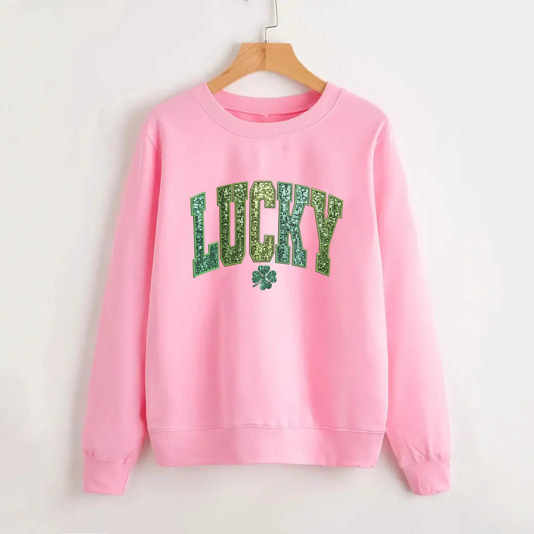 Damen lässiger Sweatshirt mit glitzerndem Schriftzug und Kleeblattmotiv - Image 2