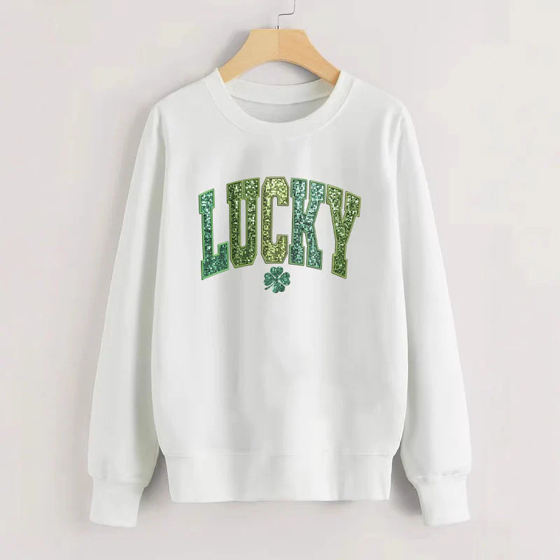 Damen lässiger Sweatshirt mit glitzerndem Schriftzug und Kleeblattmotiv - Image 3