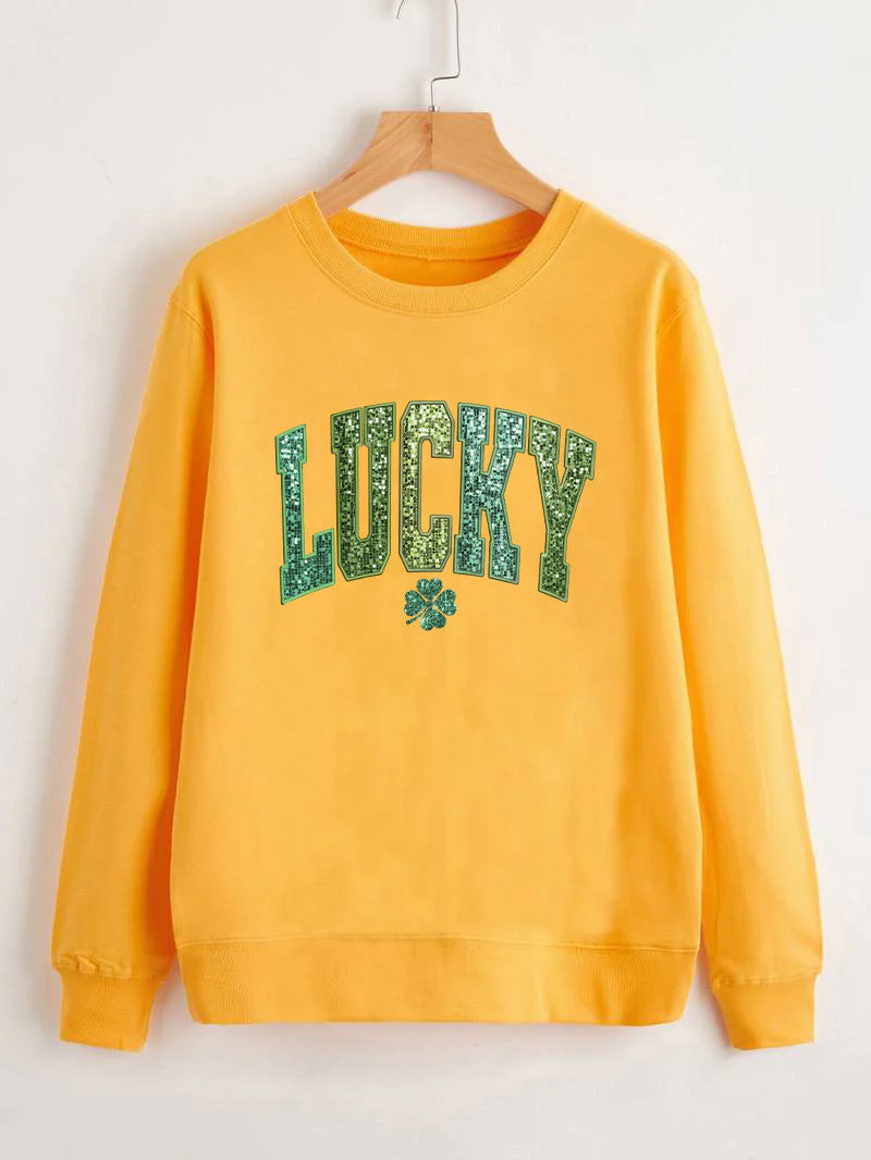 Damen lässiger Sweatshirt mit glitzerndem Schriftzug und Kleeblattmotiv - Image 5