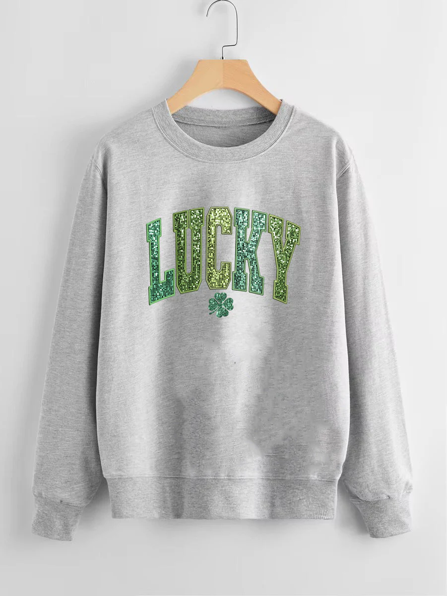 Damen lässiger Sweatshirt mit glitzerndem Schriftzug und Kleeblattmotiv - Image 6