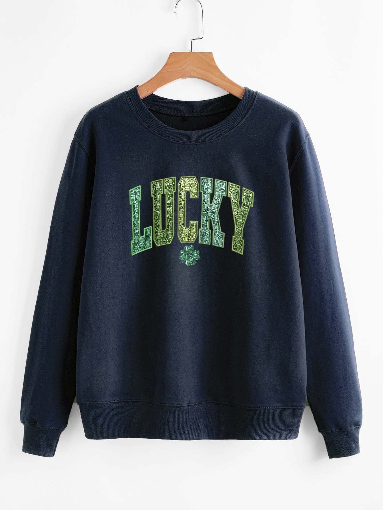 Damen lässiger Sweatshirt mit glitzerndem Schriftzug und Kleeblattmotiv - Image 7