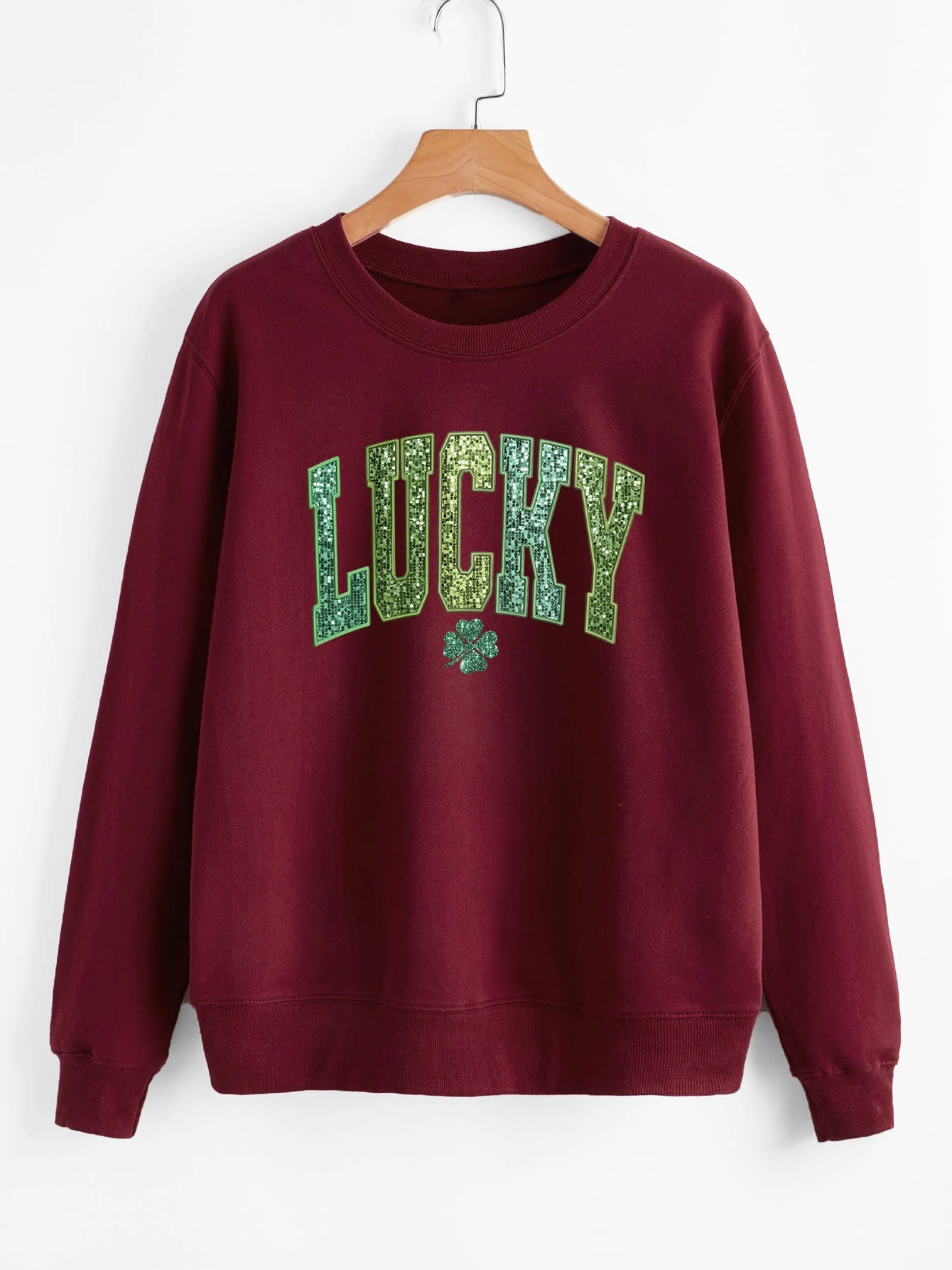 Damen lässiger Sweatshirt mit glitzerndem Schriftzug und Kleeblattmotiv - Image 8