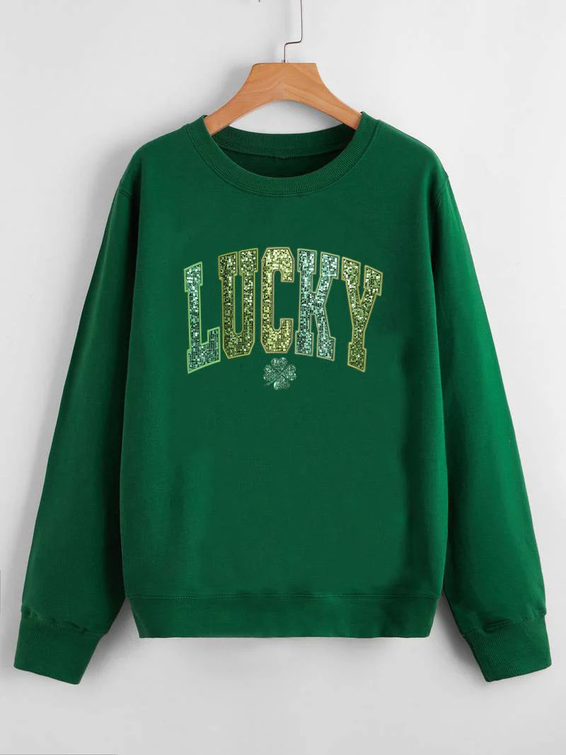 Damen lässiger Sweatshirt mit glitzerndem Schriftzug und Kleeblattmotiv - Image 9
