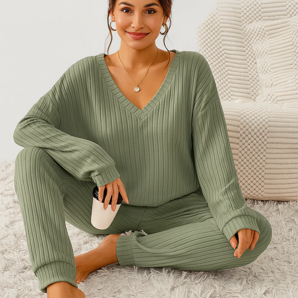 Damen Lounge-Set aus Rippstrick – Unifarbenes V-Ausschnitt-Top & Jogginghose mit Gummibund - Image 6