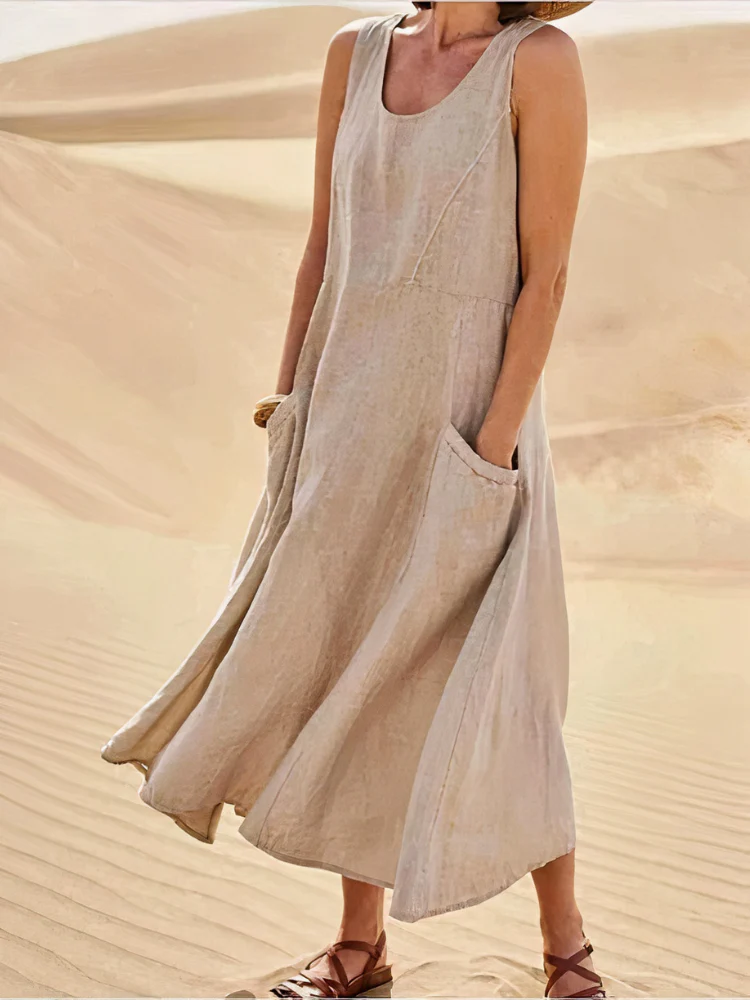 Damen luftiges Sommerkleid mit Taschen | Midi