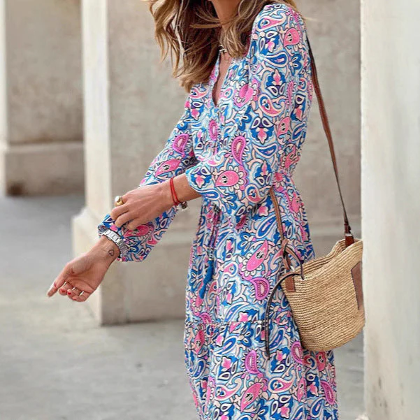 Damen Maxi-Kleid mit traditionellem floralen Muster und V-Ausschnitt