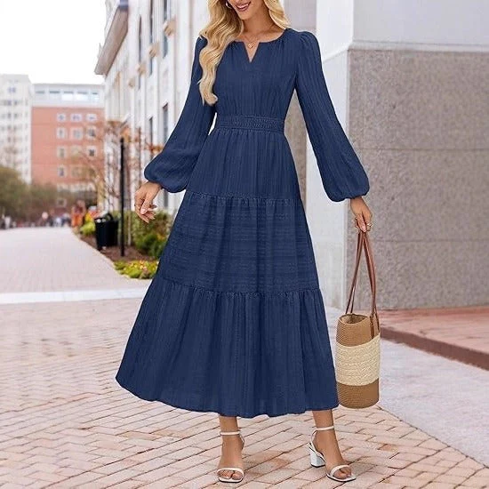 Damen Maxikleid mit eleganten Puffärmeln und gesmoktem Taillenbereich