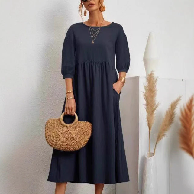 Damen Midi-Kleid mit Ballonärmeln und praktischen Taschen - Image 2