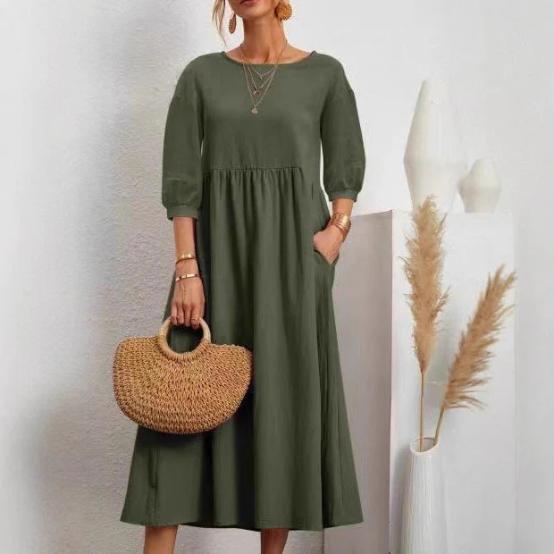 Damen Midi-Kleid mit Ballonärmeln und praktischen Taschen - Image 3