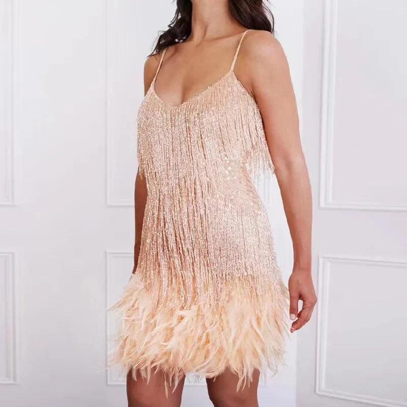 Damen Mini-Kleid Glamourös Mit Pailletten Und Federn - Image 3