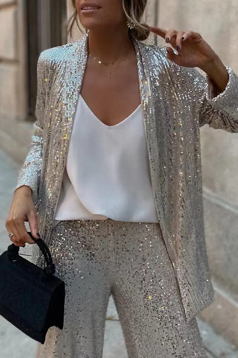 Damen Paillettenanzug Eleganter Blazer und Weite Hose