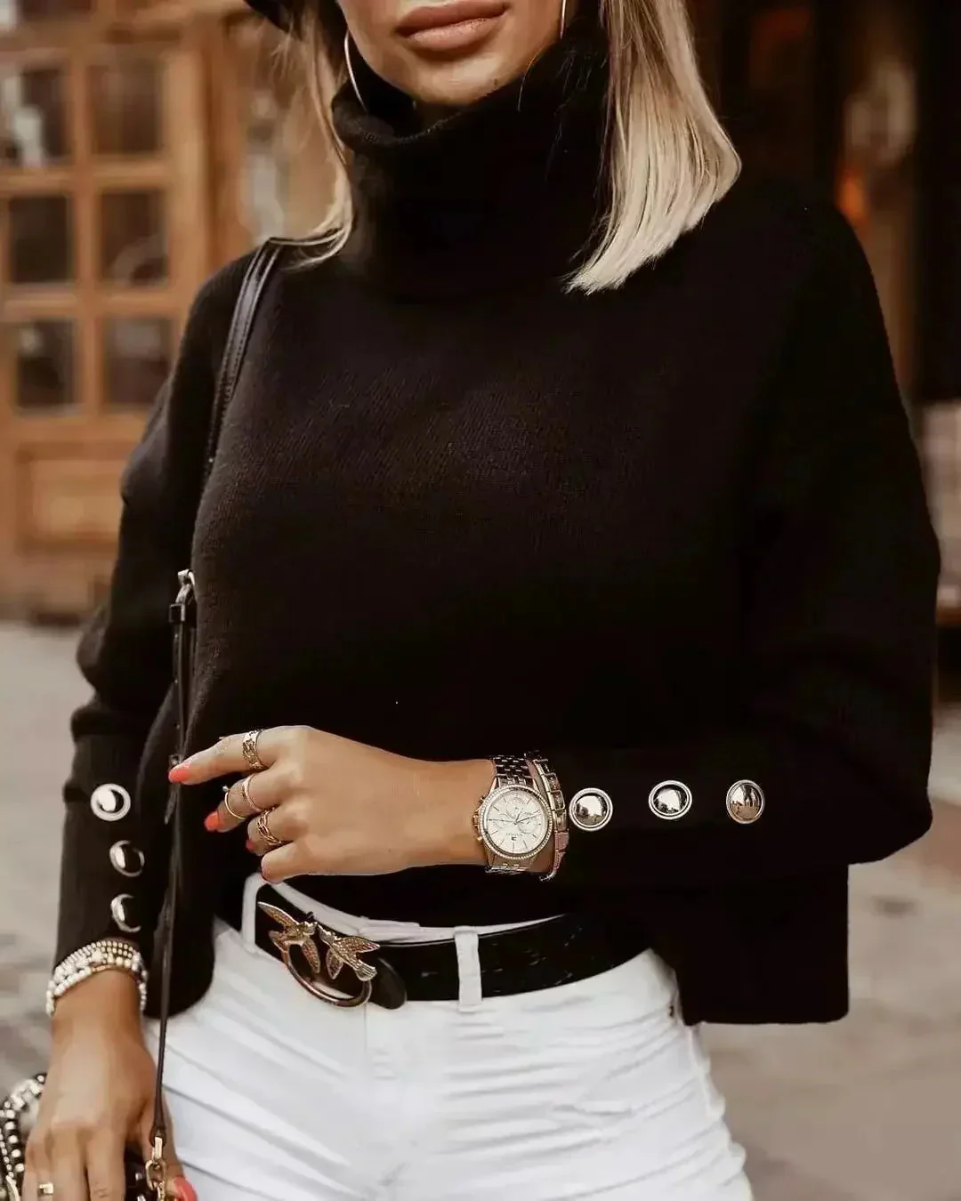 Damen Pullover Strick Turtleneck Oversize Warm