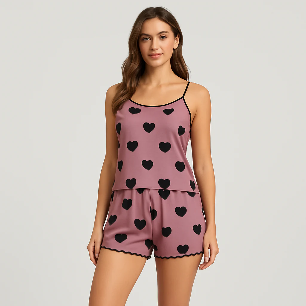 Damen-Pyjama-Set – Shorts & Top mit süßem schwarzen Herz-Print