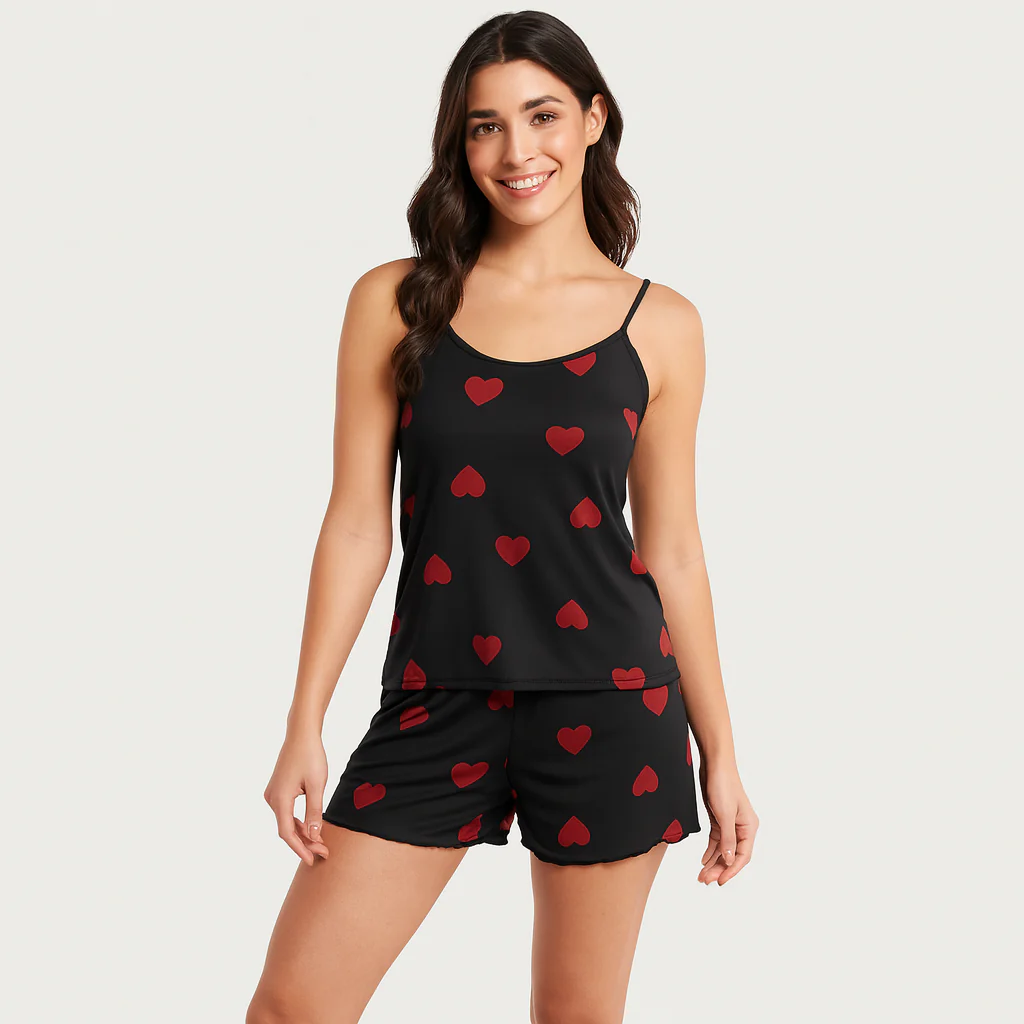 Damen-Pyjama-Set – Shorts & Top mit süßem schwarzen Herz-Print - Image 4