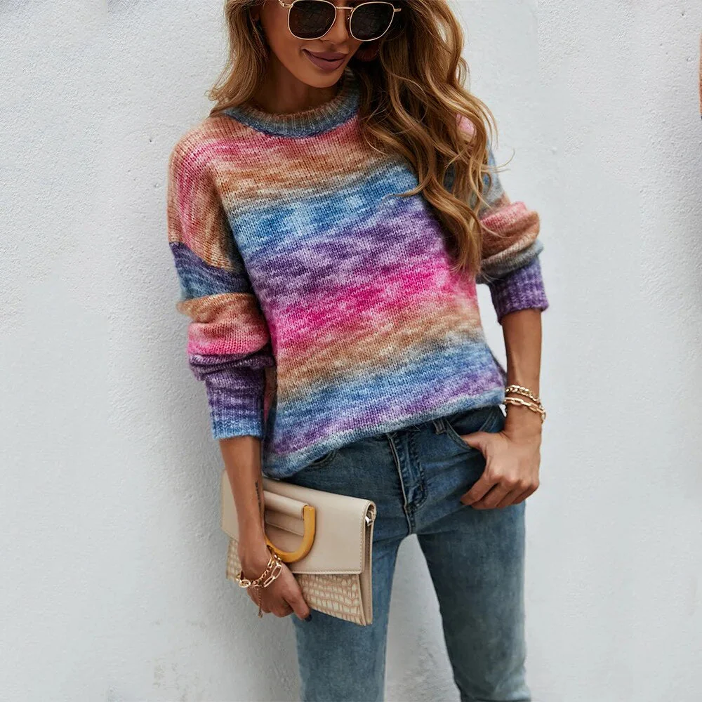 Damen Regenbogen Pullover Bunt gestrickt Pullover