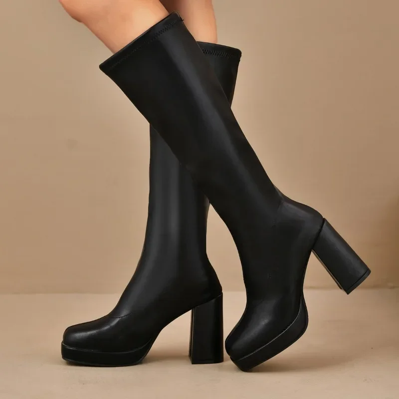 Damen Schwarze Overknee Stiefel | Plateau Klobigem Absatz - Image 2